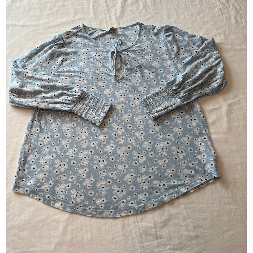 Lucky Brand Blue Floral Tie Neck Long‎ Sleeve Smocked Cuff Casual Top Women M